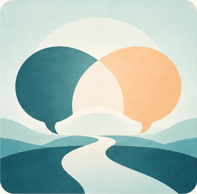 Overlapping teal and peach speech bubbles above a winding path through soft blue hills.