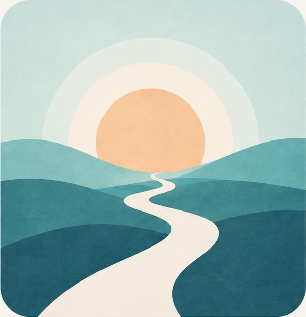 A quiet winding path through layered teal hills toward a peach sun and a pale arch of light.