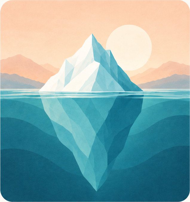 A faceted iceberg in peach morning light, with its larger submerged form visible beneath teal water.
