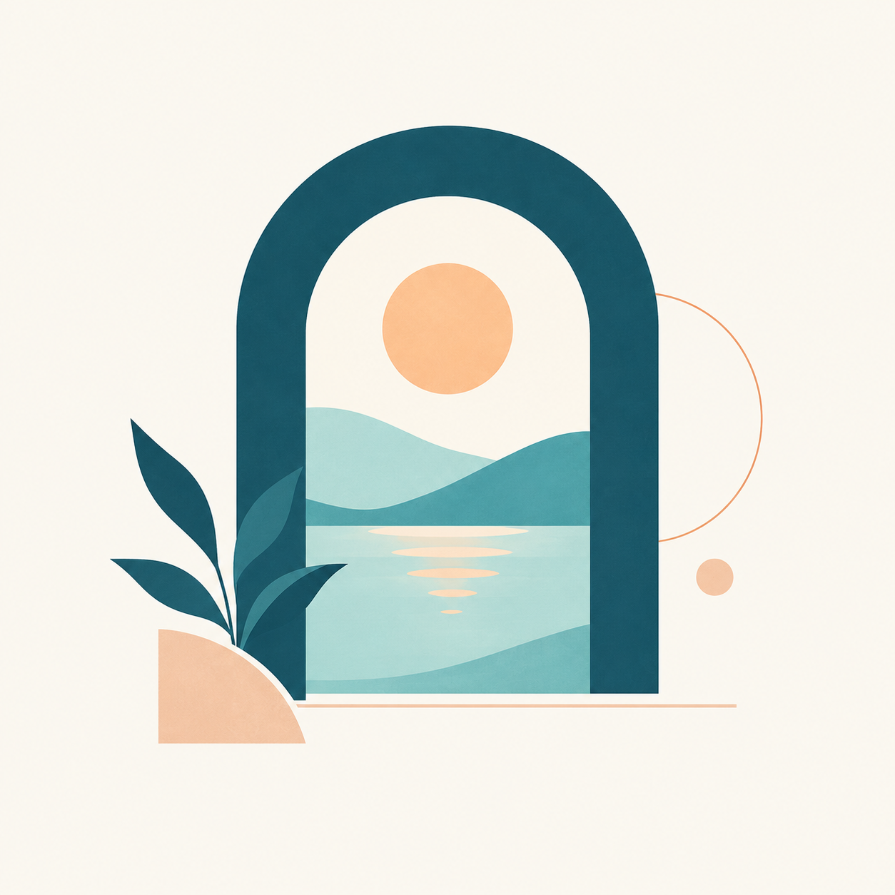 A teal arch opening onto calm water and rolling hills beneath a peach sun.